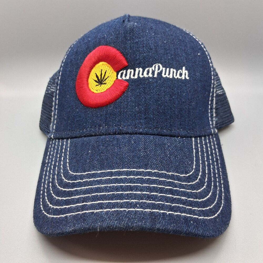 Canna Punch Denim Mesh Trucker Hat Snapback Cap Cannabis Promo Logo Blue Grey